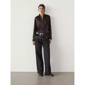 Massimo Dutti Womens Satin Shirt S Small Dark Brown Viscose Slits 5151/642 NWOT